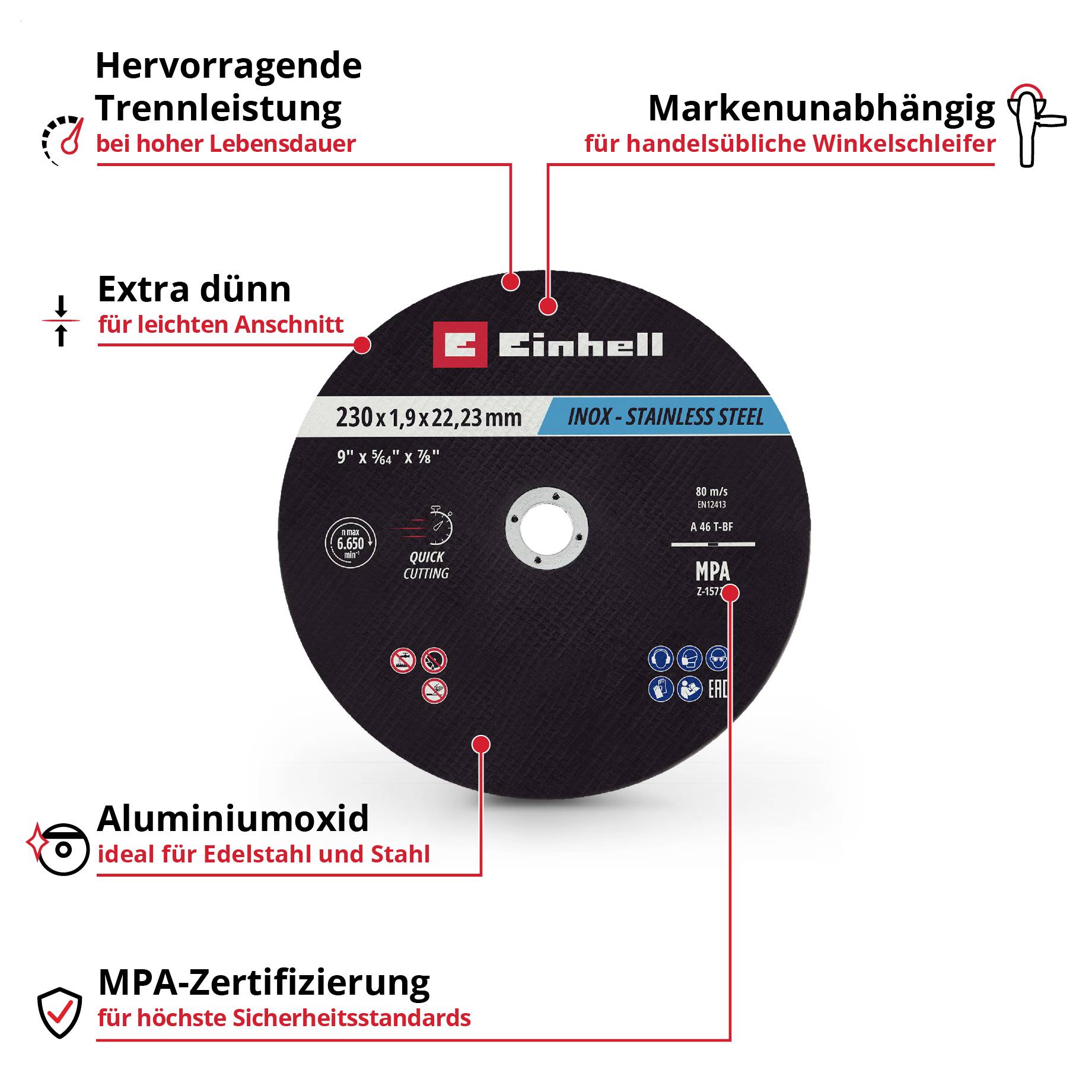 Einhell Trennscheibe, extra dünn, Ø 230 mm für Edelstahl/Stahl, Aluminiumoxid für leichte Schnitte, hohe Trennleistung und Lebensdauer, MPA-zertifiziert.