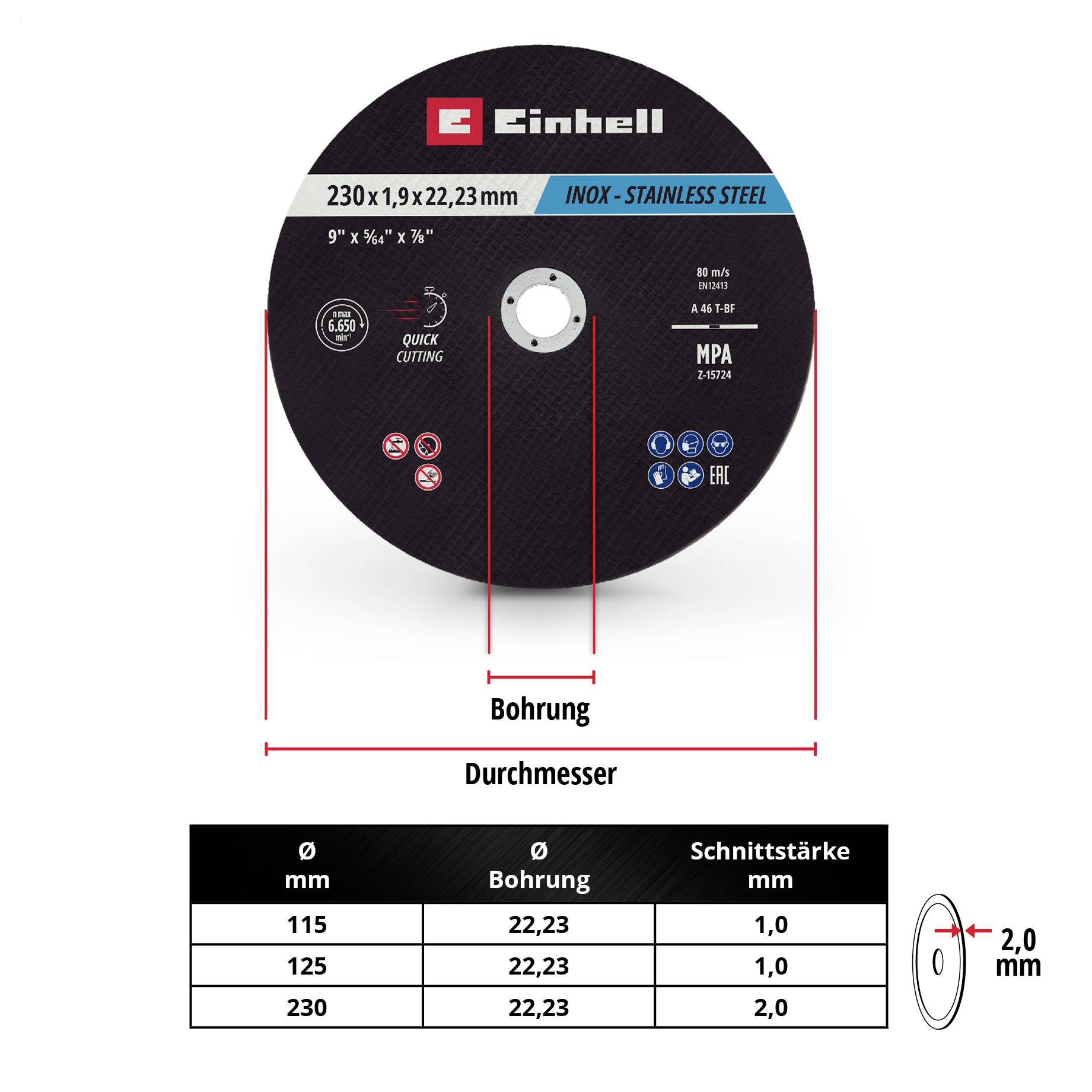 Eine Einhell-Scheibe für INOX-Edelstahl mit 230 mm Durchmesser, Bohrung 22,23 mm. Zeigt verschiedene Formate und Schnitttiefen.