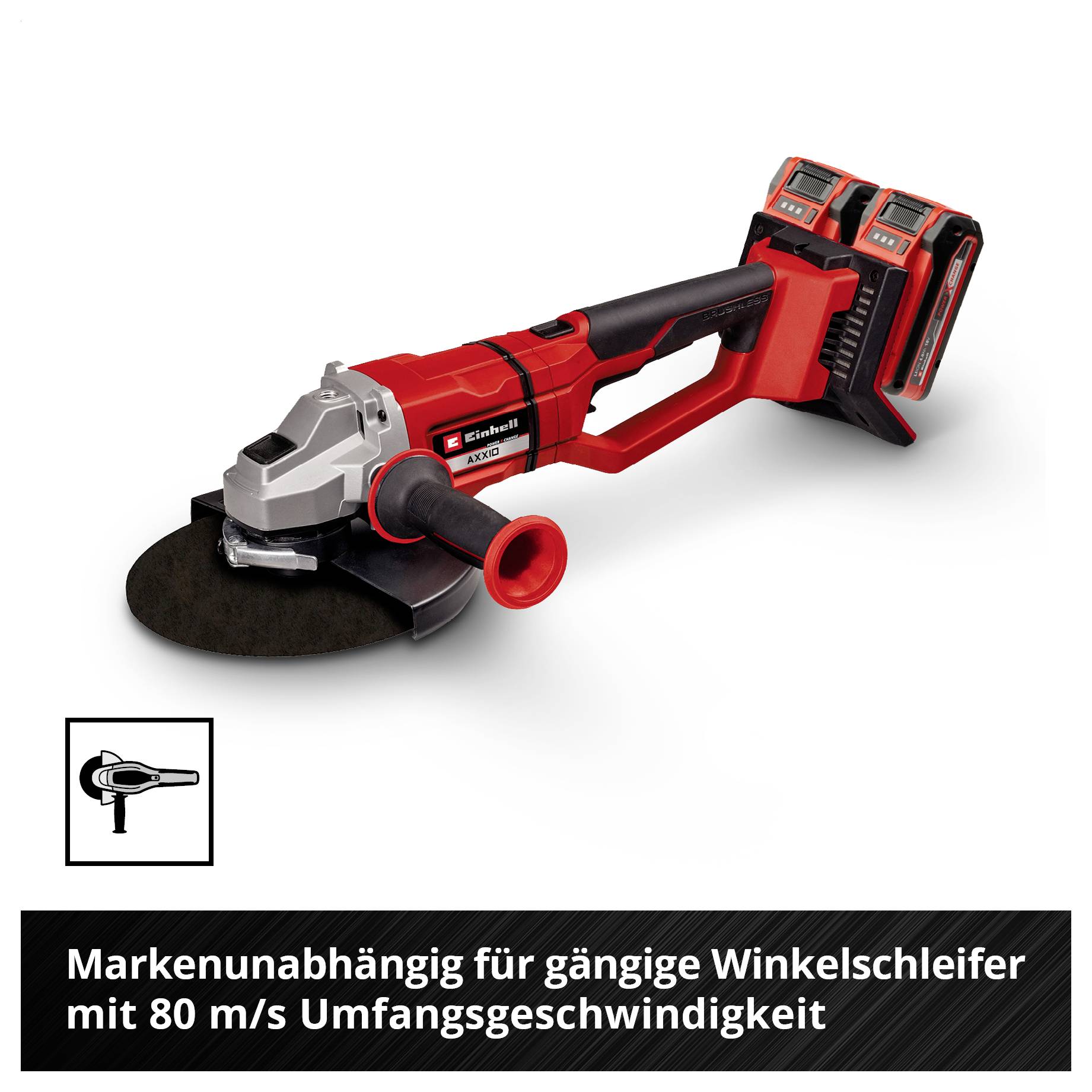Ein Winkelschleifer mit rotem Griff und zwei Akkus, markenunabhängig geeignet, bietet 80 m/s Umfangsgeschwindigkeit.