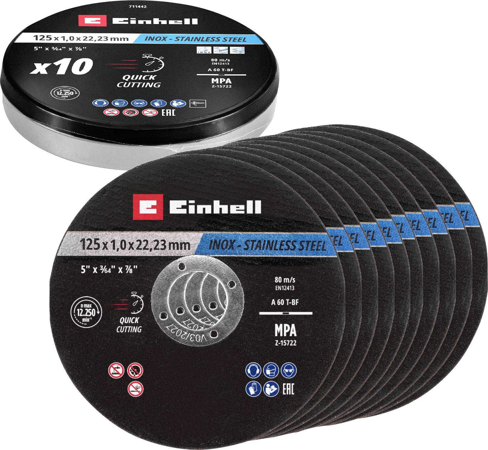 Einhell 125 x 1.0 x 22.23 mm INOX - Stainless Steel cutting discs, 10-pack. Quick cutting for stainless steel. MPA certified.