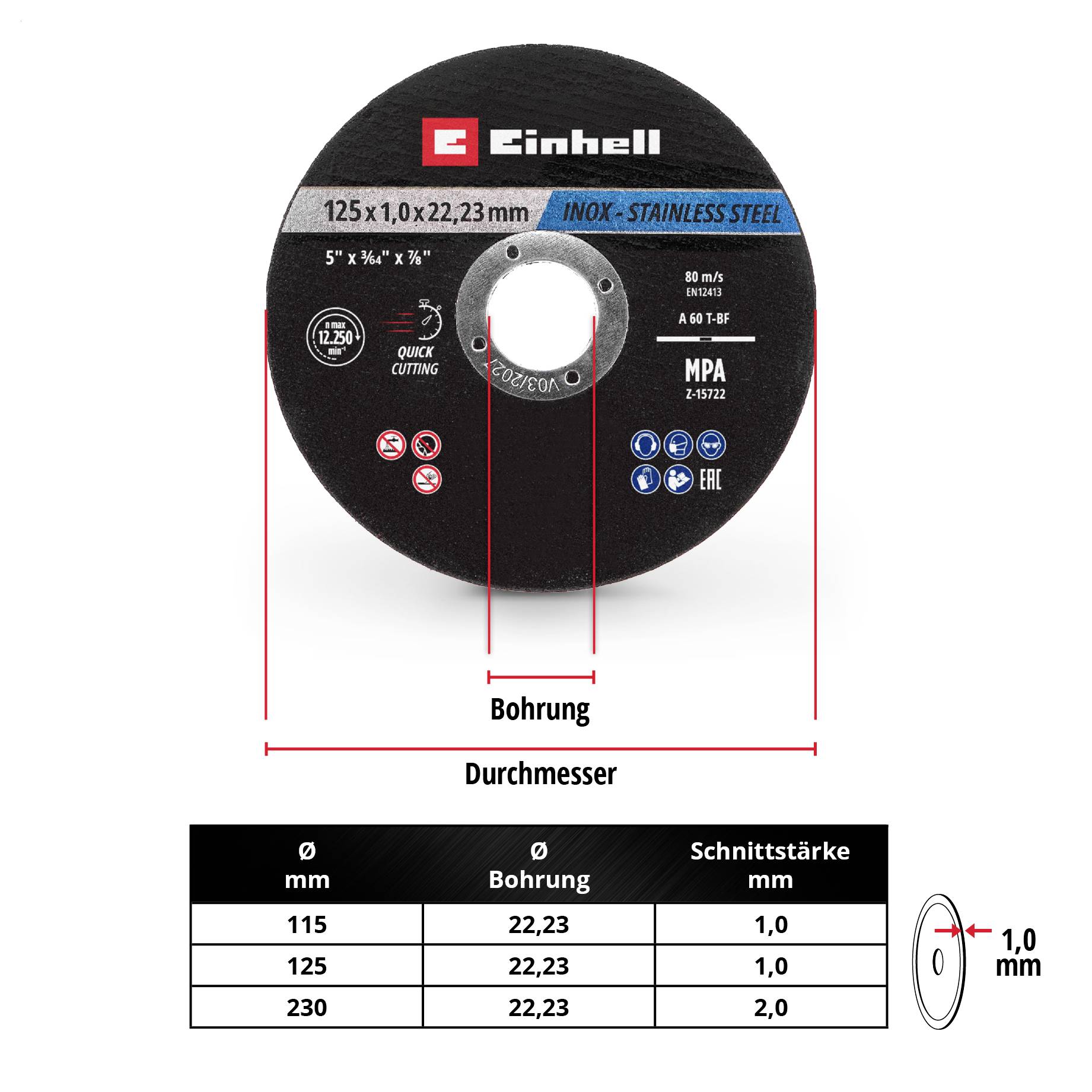 Einhell Schleifscheibe, 125 x 1,0 x 22,23 mm, INOX-Stainless Steel, passend für Ø22 mm Bohrung, Schnittstärke 1,0 mm.