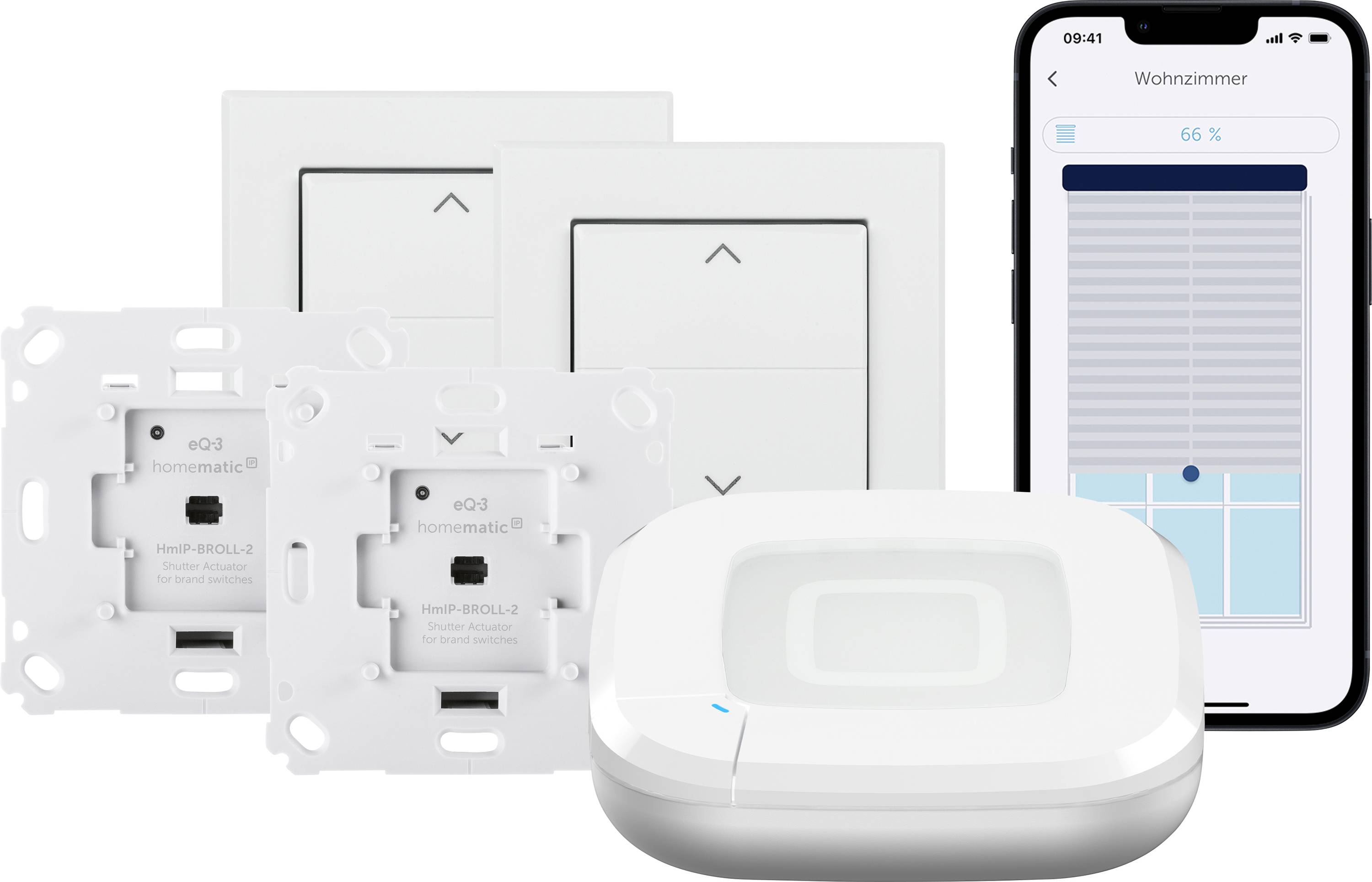 Smart-Home-System mit Wandschaltern, einer Steuerungszentrale und einem Smartphone-Bildschirm, der Jalousien bei '66%' anzeigt, zur Steuerung der Hausautomation.