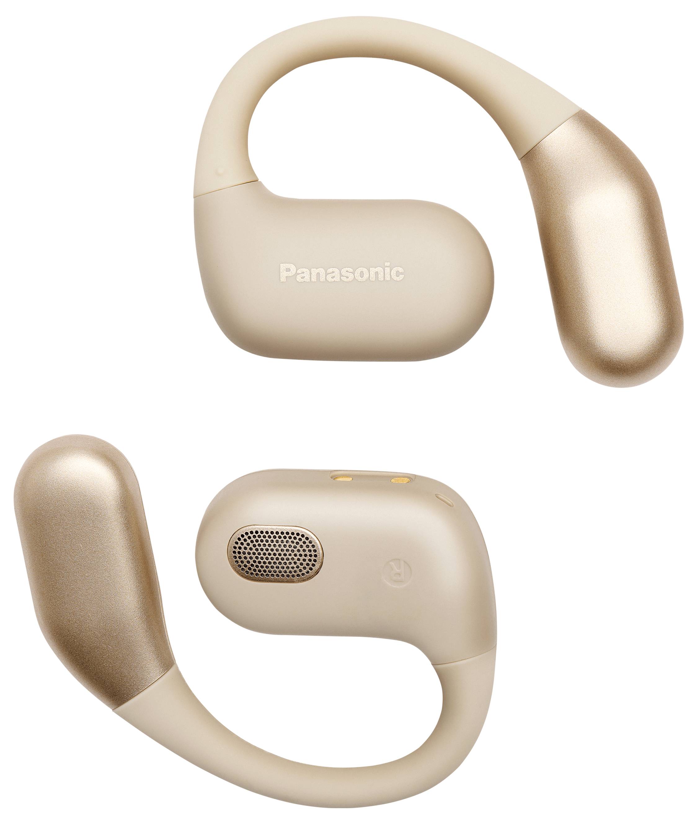 Kabellose Panasonic-Kopfhörer in Beige und Gold, mit ergonomischem Bügel-Design für einen sicheren Sitz und integriertem Mikrofon für Anrufe.