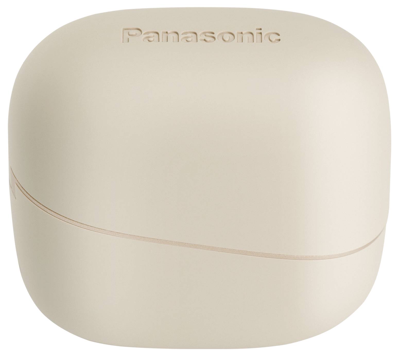 „Ein beige Panasonic-markiertes, abgerundetes Ladeetui für kabellose Ohrhörer mit elegantem und minimalistischem Design.