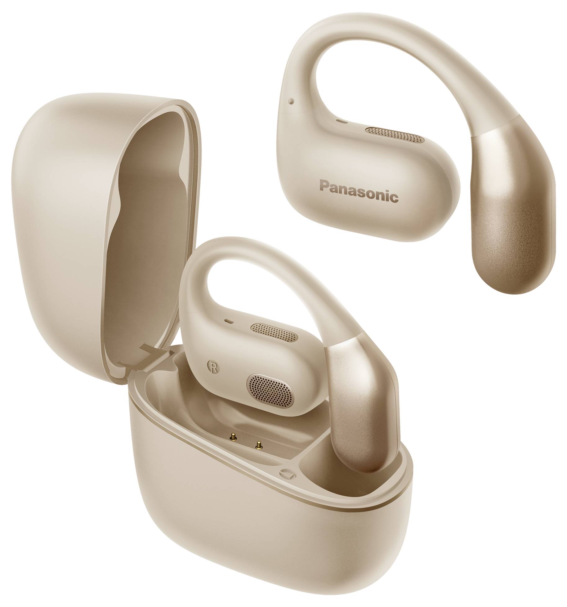 Beige Panasonic-Ohrhörer mit Ladeetui, mit einem speziellen Haken für sicheren Halt, geöffnet und geschlossen zur Präsentation dargestellt.