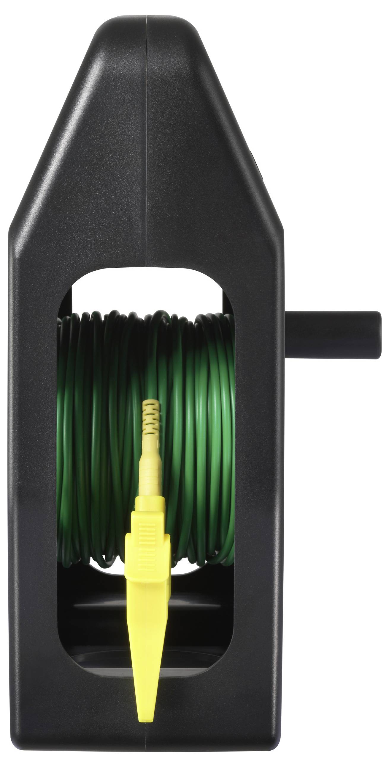 Eine schwarze Kabelrolle mit grünem Kabel und einem gelben Steckergriff, entwickelt zur Organisation und Aufwicklung von Kabeln.