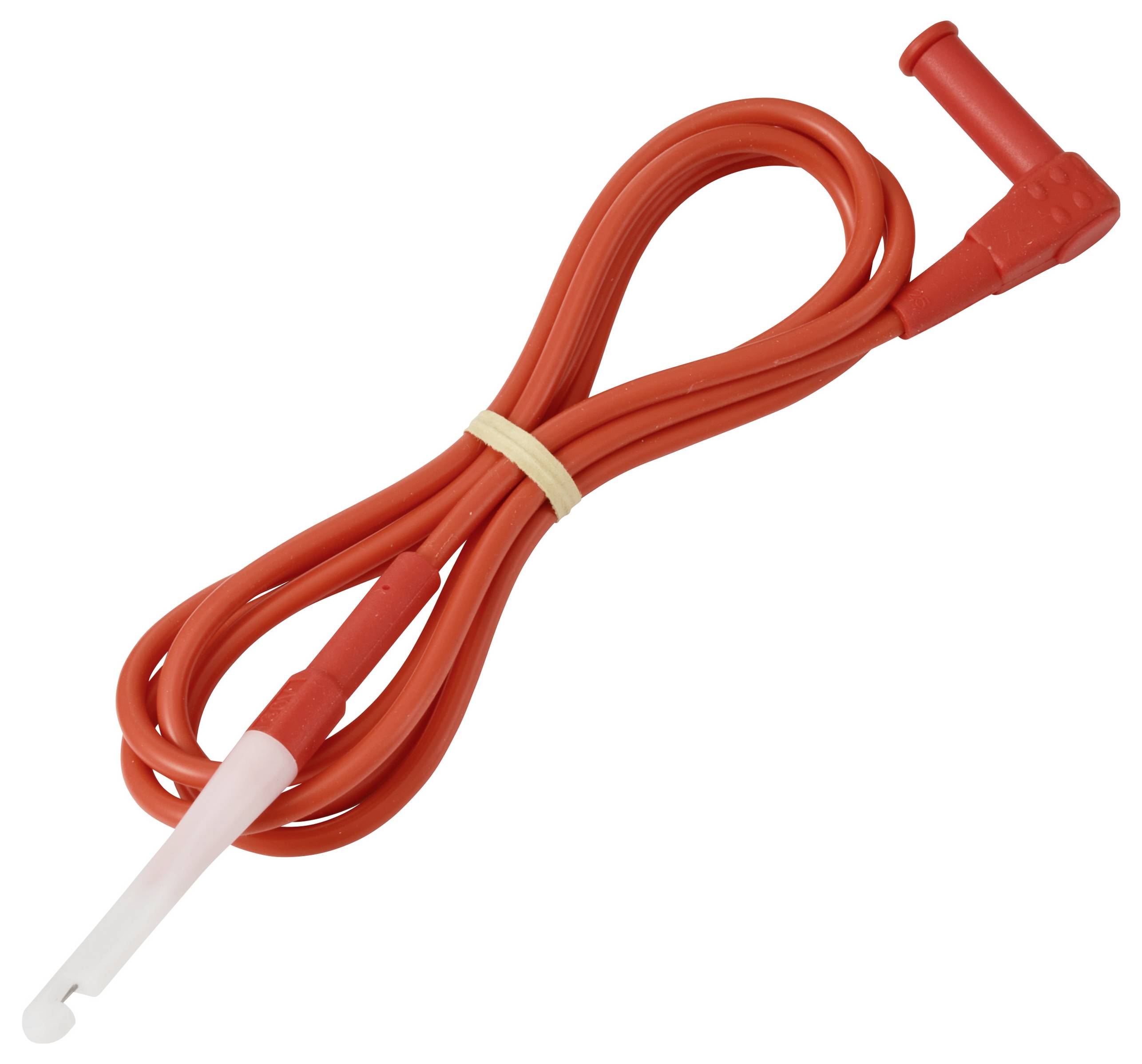 Ein gewickelter roter Zündkabel mit Gummitülle und Kunststoffstecker.