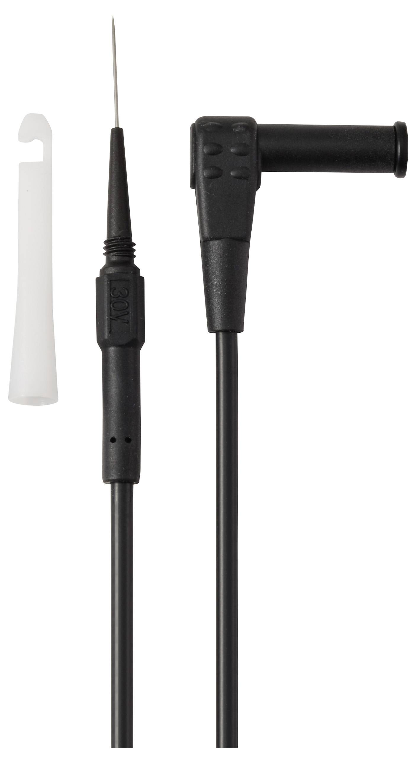 Eine schwarze elektronische Sonde mit einer spitzen Spitze, einem Rechtwinklanschluss und einer Schutzkappe an der Seite, die für präzise Messungen verwendet wird.