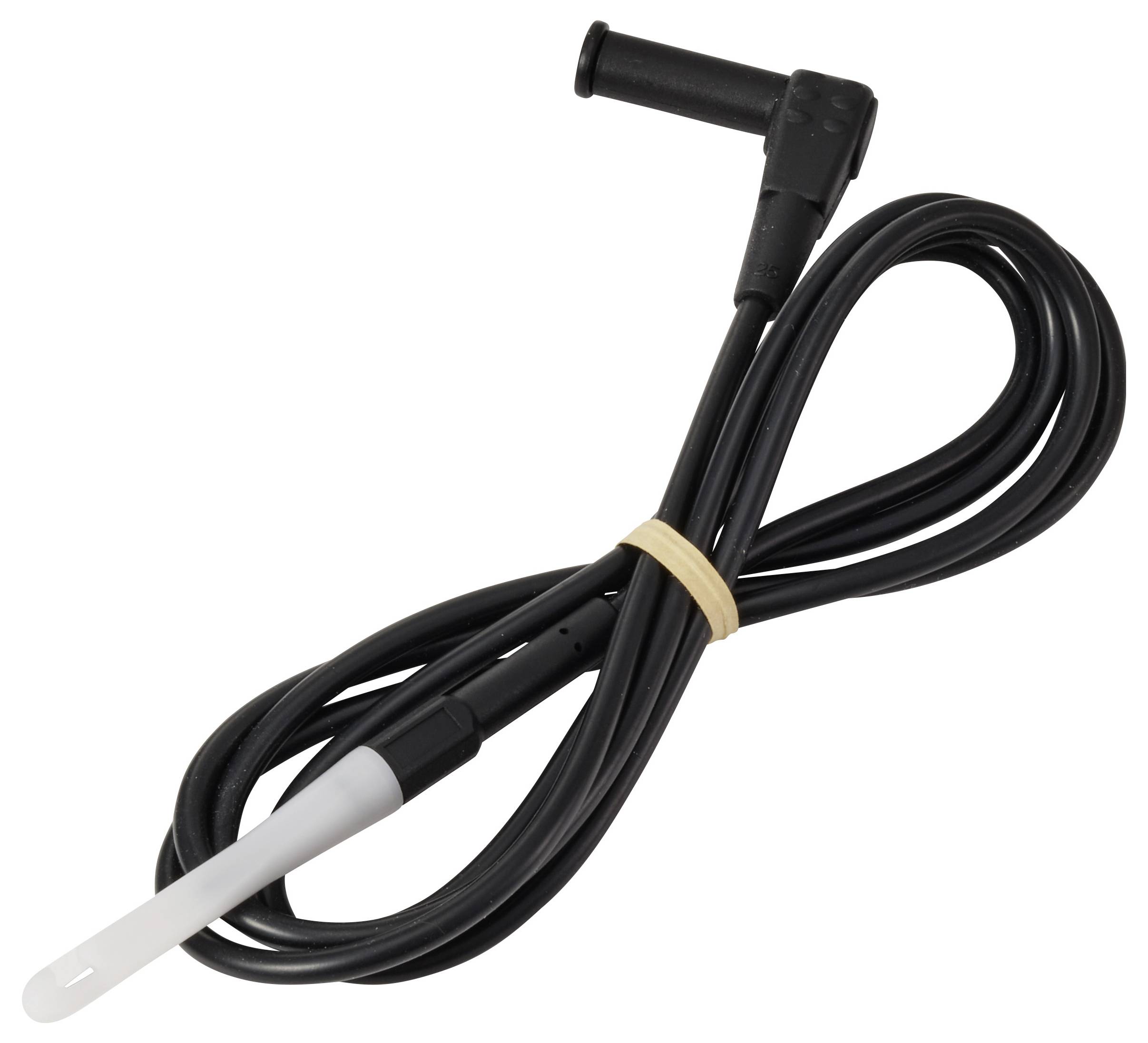 Ein gewickeltes schwarzes Kabel mit einer weißen Sonde und einem abgewinkelten schwarzen Anschluss, mit einem Gummiband gesichert, zur Temperaturmessung.