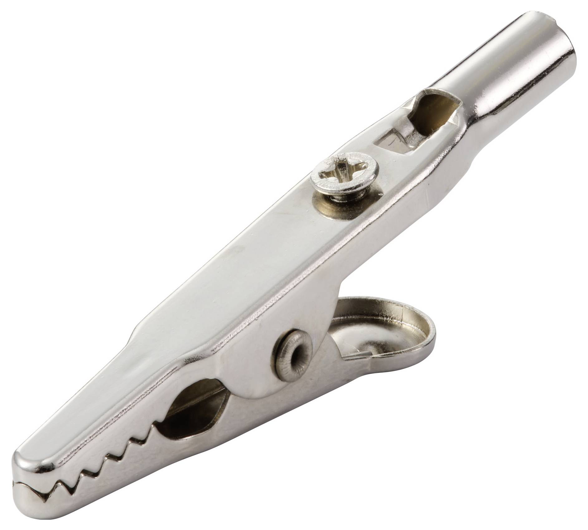 Eine Metallkrokodilklemme mit gezackter Backe, die für elektrische Verbindungen oder als Klemme in verschiedenen Anwendungen verwendet wird.