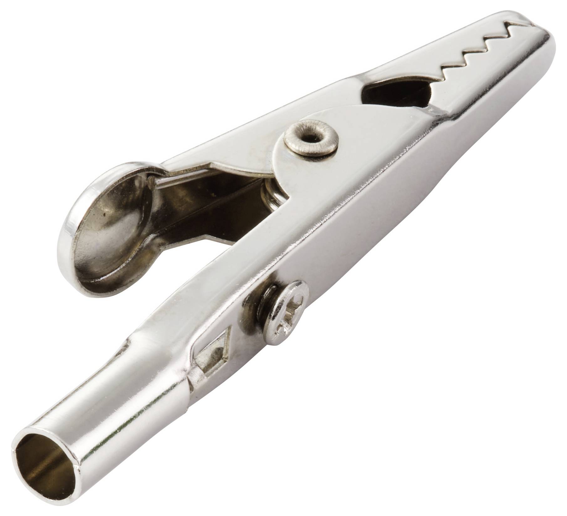 Eine metallische Krokodilklemme mit gezahnten Backen, die üblicherweise für elektrische Verbindungen und Messleitungen verwendet wird.