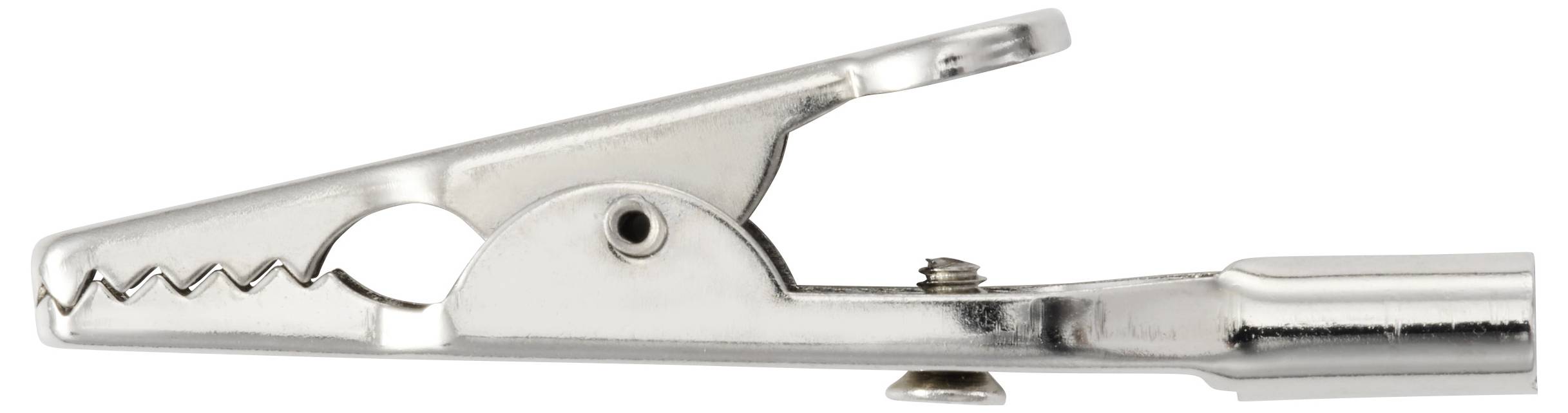 Metallene Alligatorklammer mit gezahnten Backen und flacher Spitze, die zum Greifen von Objekten oder zum Herstellen elektrischer Verbindungen verwendet wird.