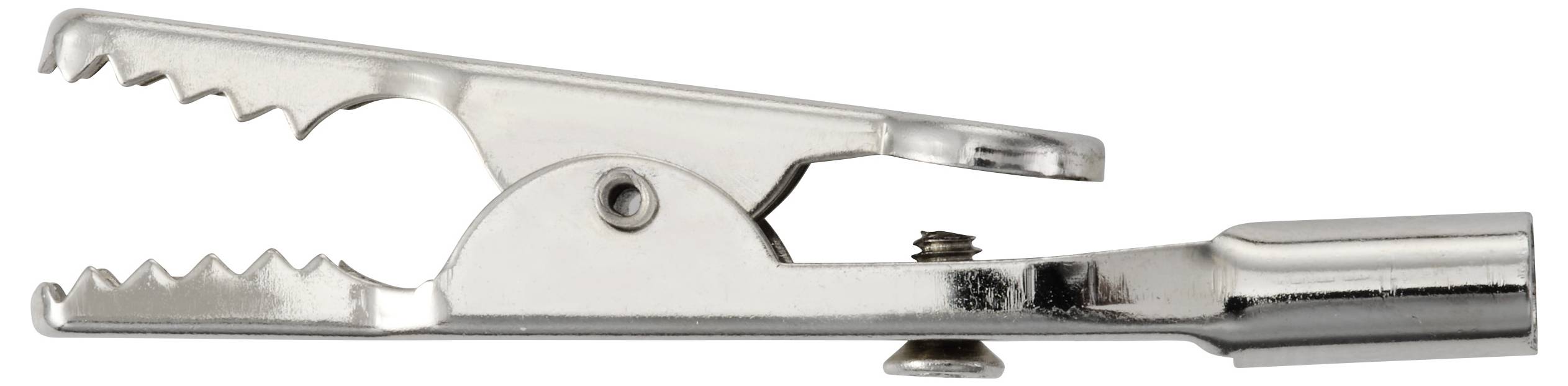 Eine metallische Krokodilklemme mit gezackten Kanten und einem Federmechanismus, die zum Greifen und Verbinden mit anderen Objekten in der Elektroarbeit verwendet wird.