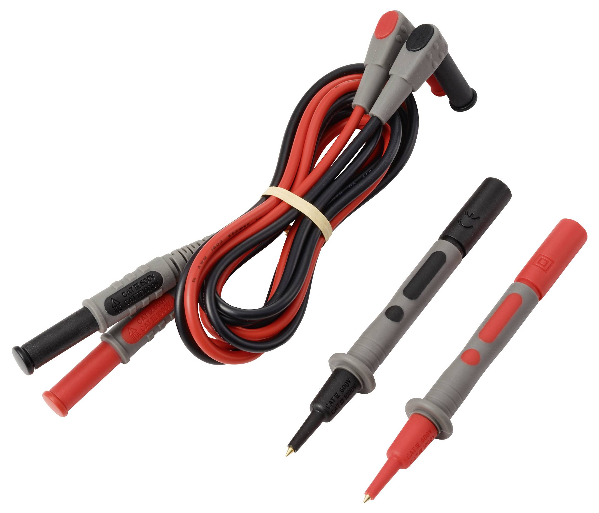 Rote und schwarze Multimeter-Messleitungen mit Prüfspitzen und isolierten Klemmen, verwendet für elektrische Messungen.