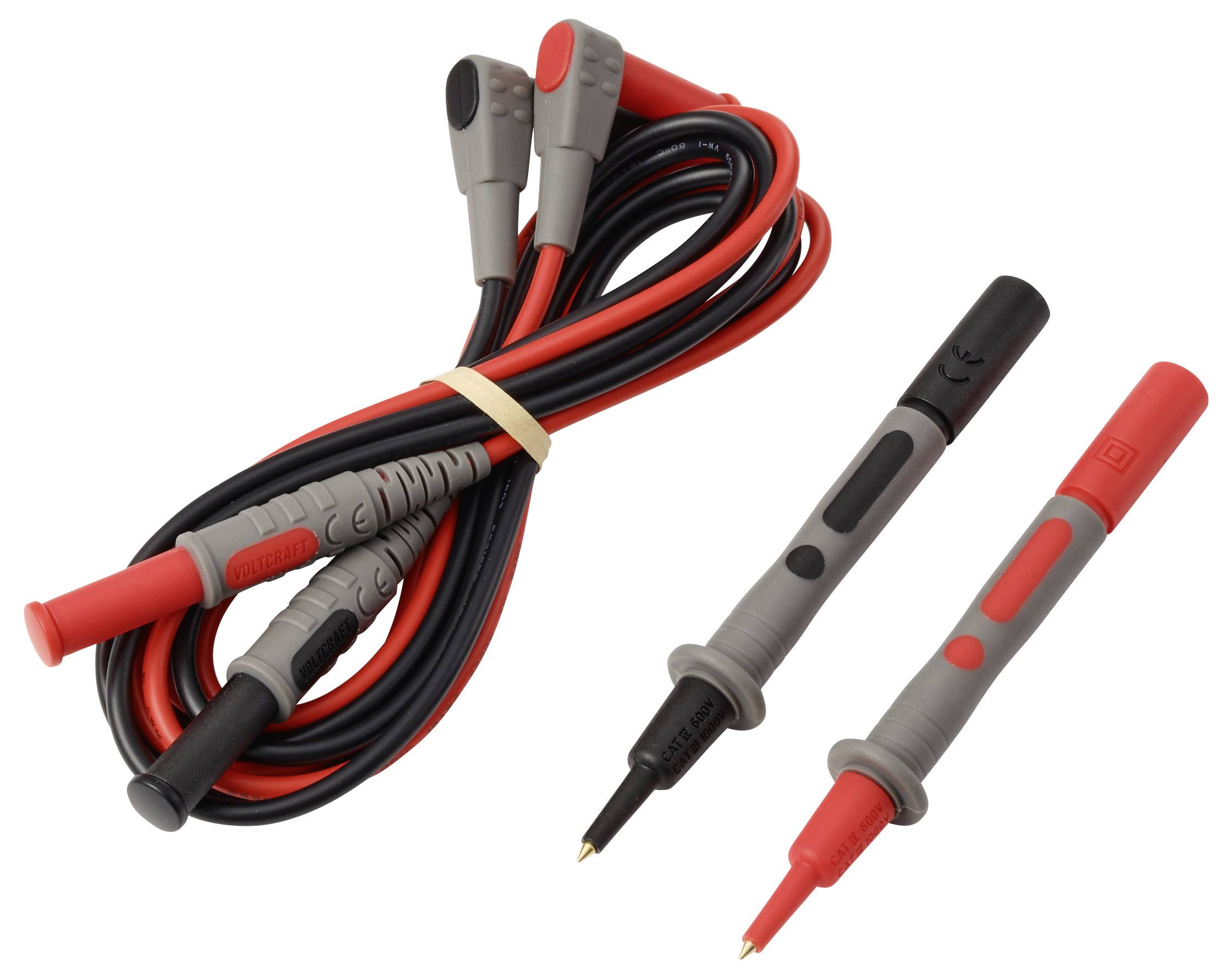 Multimeter-Messleitung mit roten und schwarzen Messspitzen. Rote und schwarze Kabel aufgewickelt, mit den Messspitzen für elektrische Messungen verbunden.