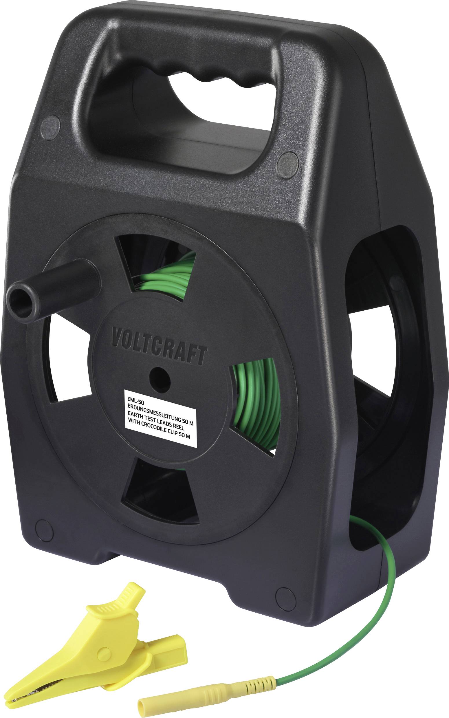 Eine schwarze Kabeltrommel mit 'Voltcraft'-Branding enthält grünes Kabel. Ein gelber Krokodilklemmer ist am Ende des Kabels sichtbar.