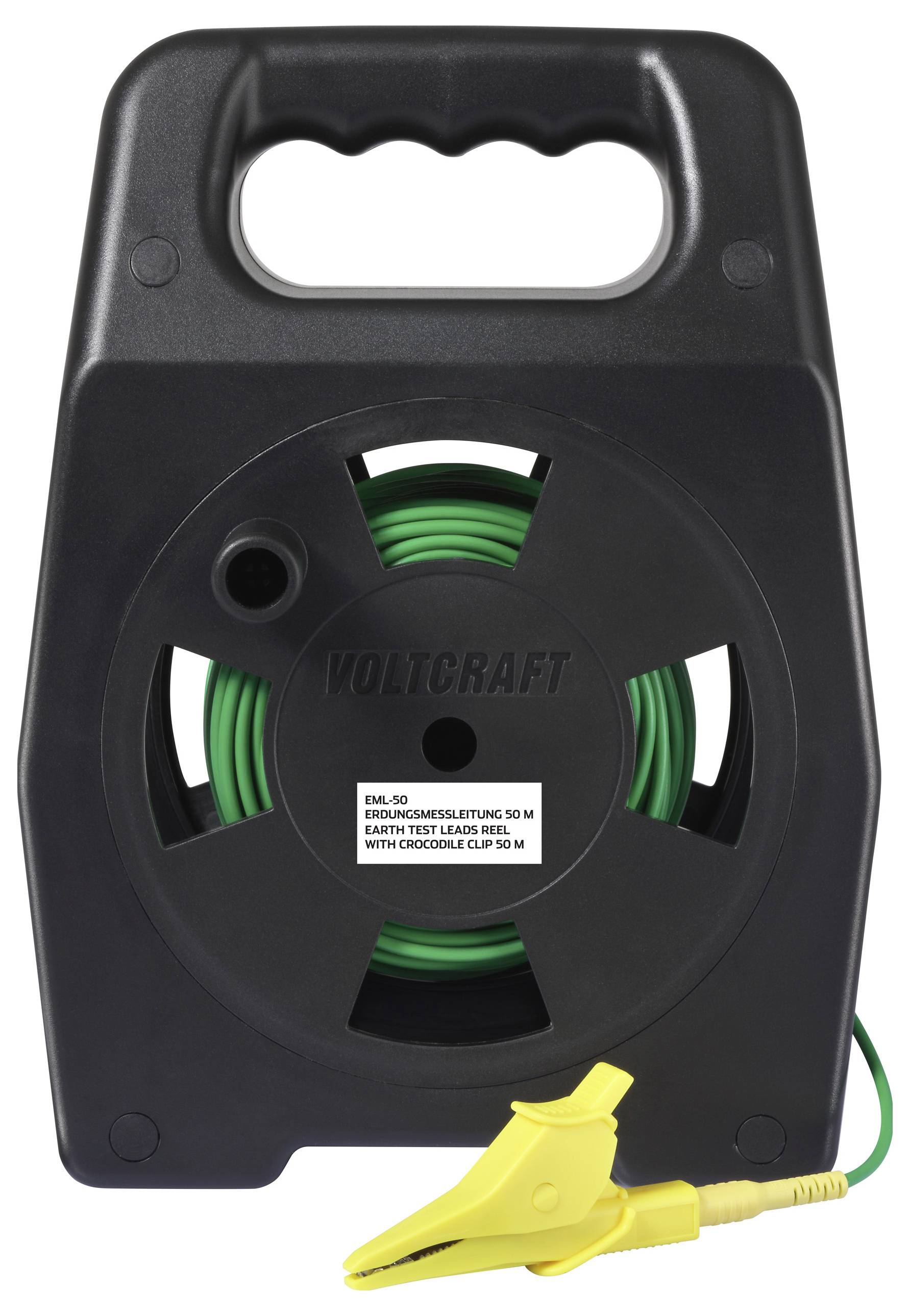 Ein aufgewickelter 50-Meter-Erdungsprüfkabel in einer schwarzen Tragetasche mit Griff. Der Kabel ist grün mit einer gelben Krokodilklemme.