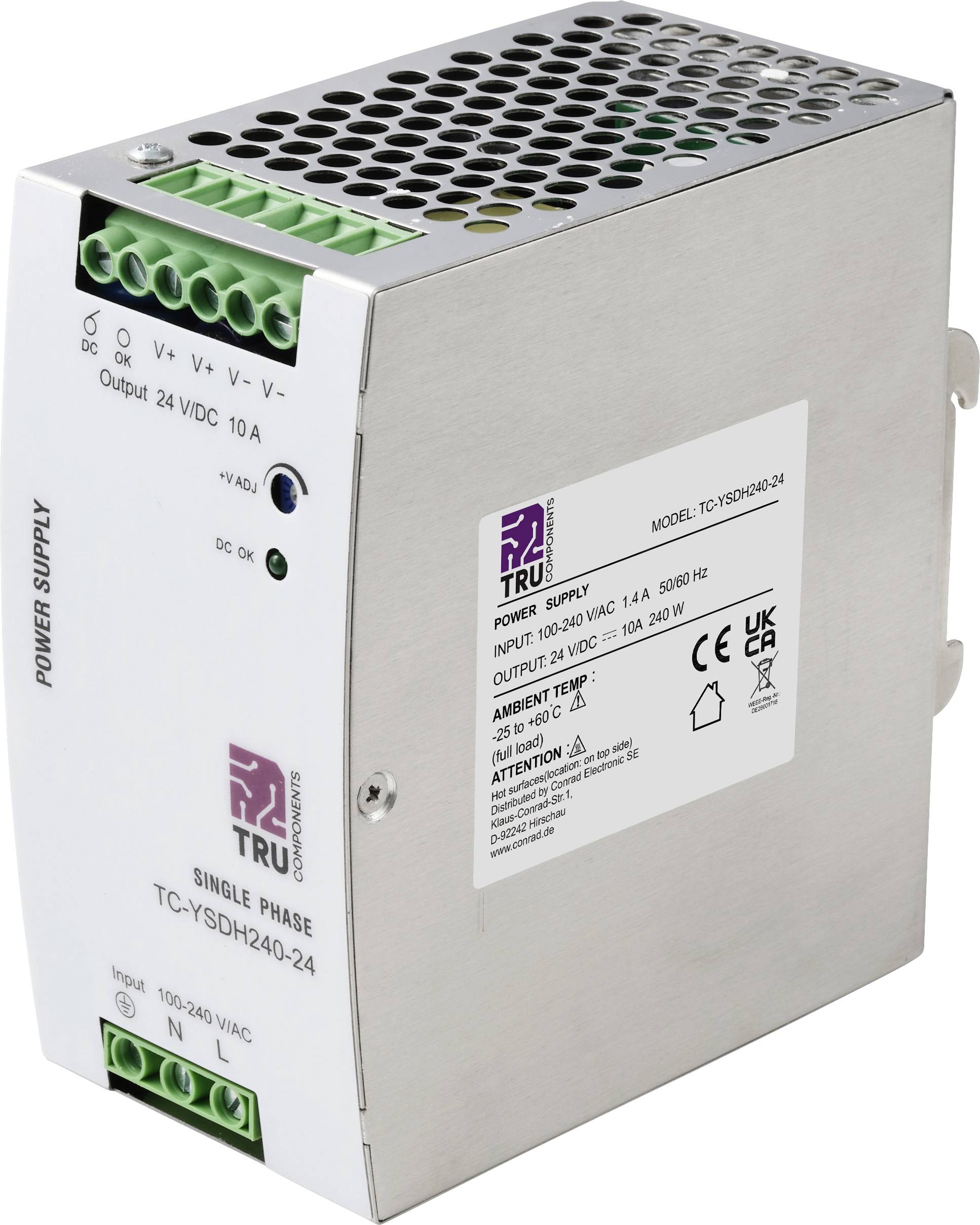 Industrielle Stromversorgungseinheit aus Metall mit perforierter Oberseite, grünen Klemmblöcken und Beschriftungen, die eine einphasige 24-VDC-Ausgabe anzeigen.