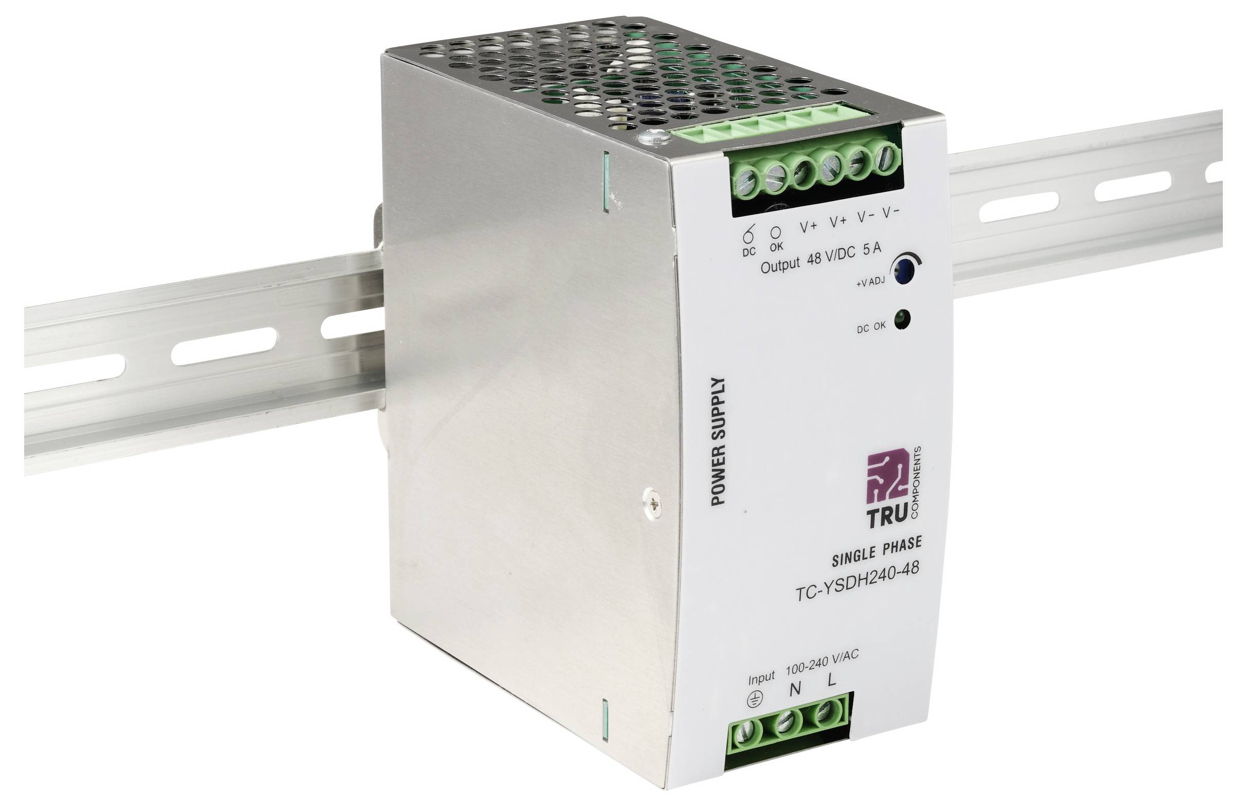 Einphasiges Stromversorgungsgerät auf Schiene montiert, mit Eingang 100-240 VAC und Ausgang 24 VDC 5A, gekennzeichnet mit dem Hersteller TRU.