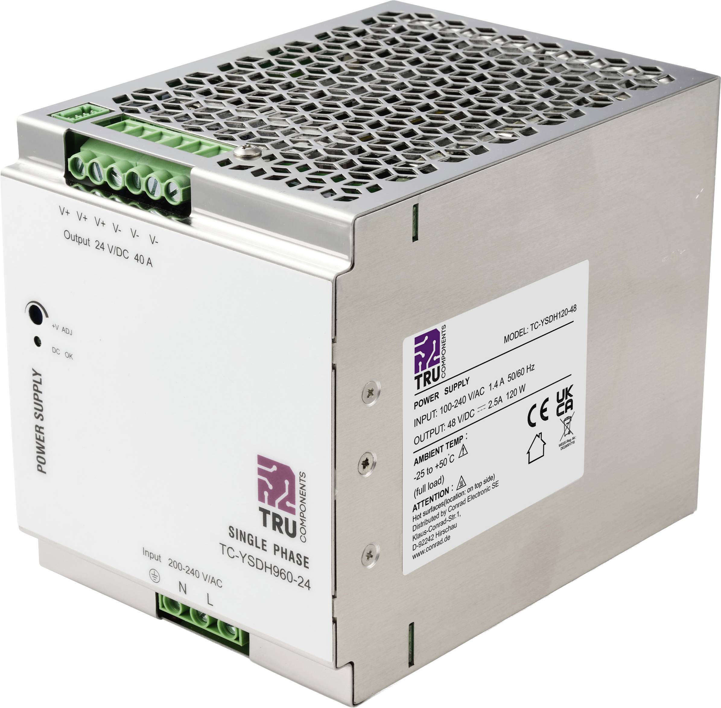 Industrielles Metall-Stromversorgungsgerät mit grünen Anschlussklemmen und Etikett, zur Umwandlung von 100-240 VAC-Eingang zu 24 VDC-Ausgang.