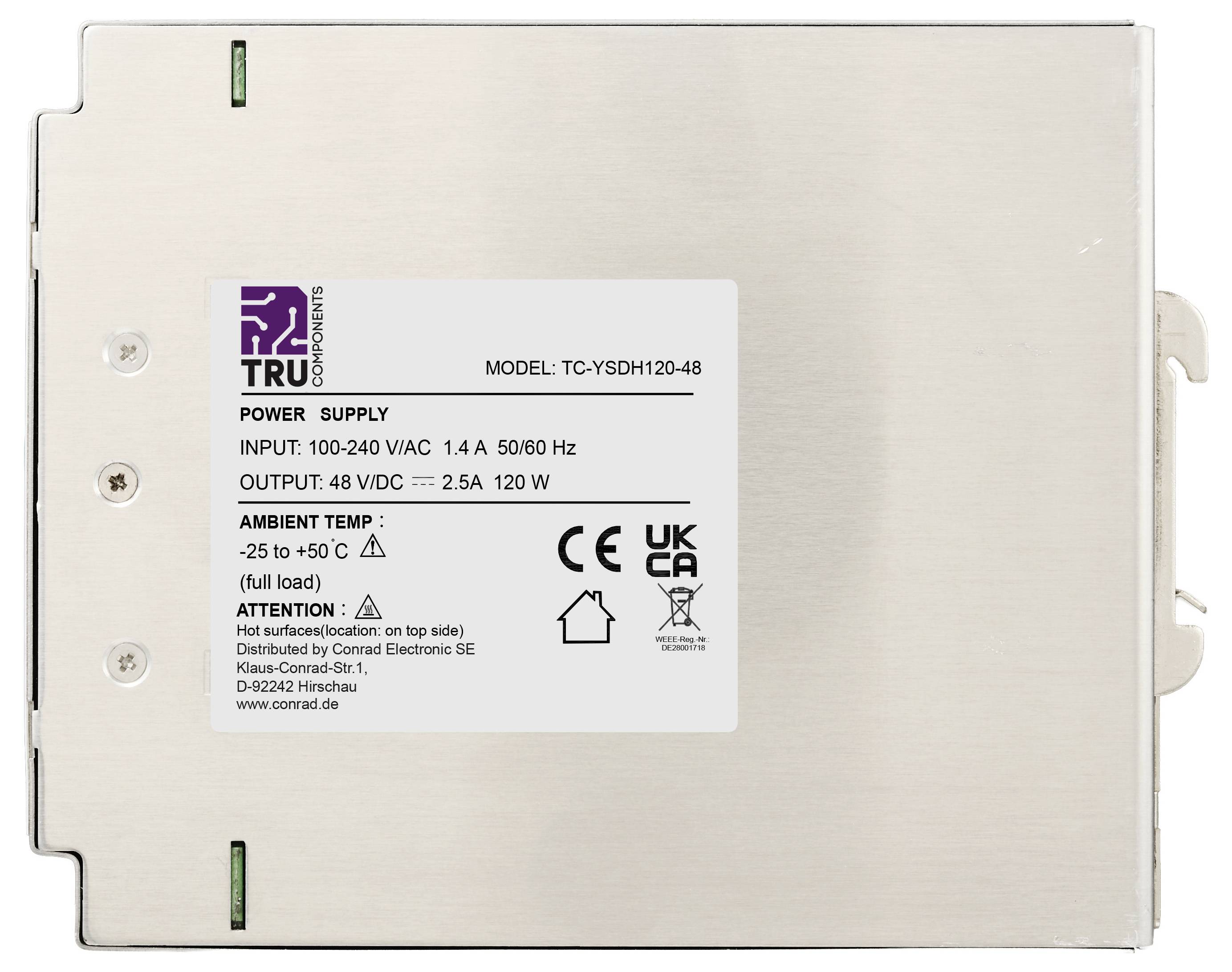 Mit Etikett versehene Metallnetzstromversorgungseinheit mit Modellbezeichnung TC-YSDH120-48, Eingang 100-240 VAC, Ausgang 48 VDC 2,5A 120W, mit CE- und UKCA-Zeichen.