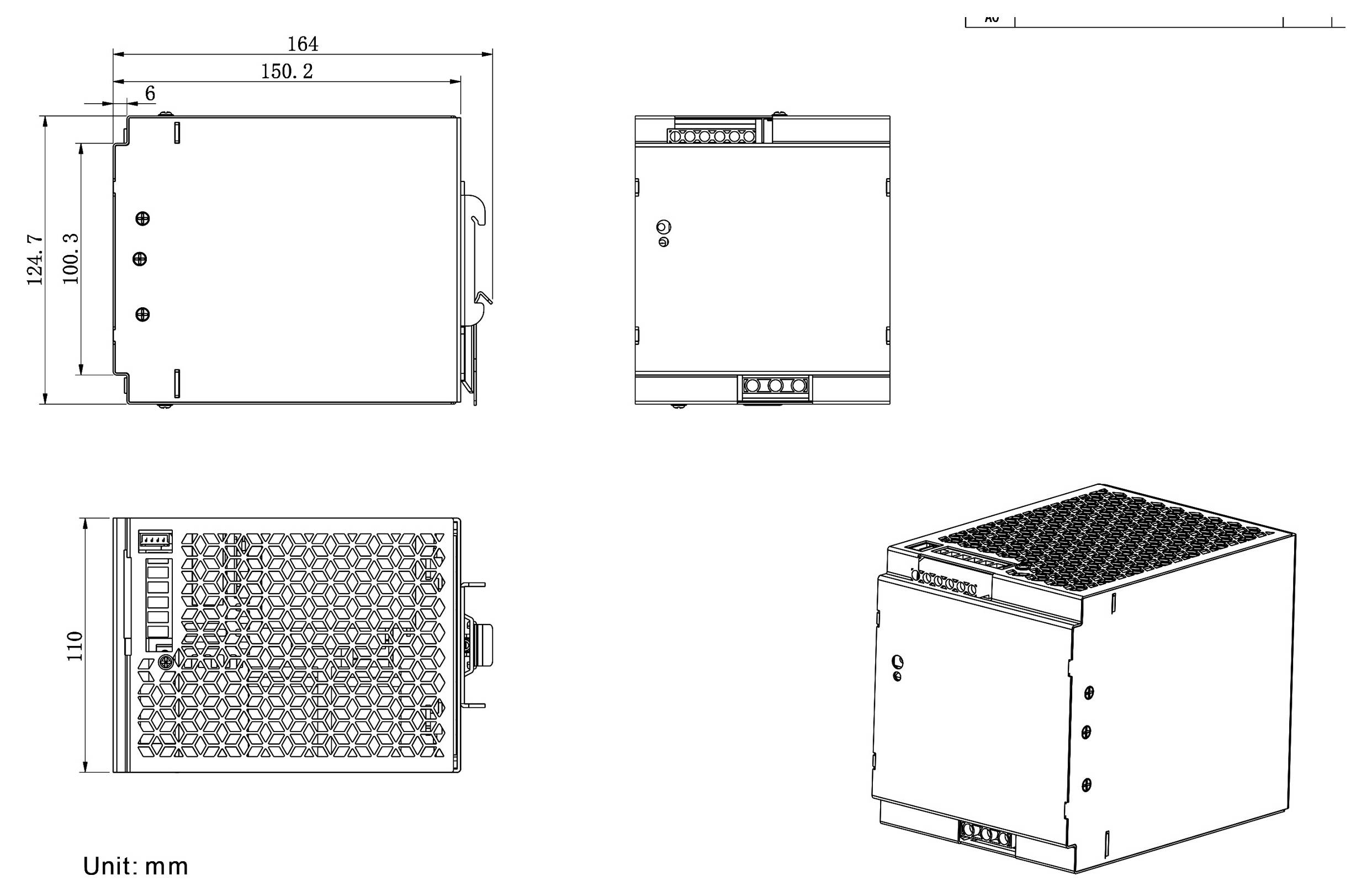 Technisches Schaltbild eines Stromversorgungsgeräts mit Abmessungen: 150,2 mm breit, 182,7 mm hoch, 100,7 mm Tiefe. Mehrere Seitenansichten dargestellt.