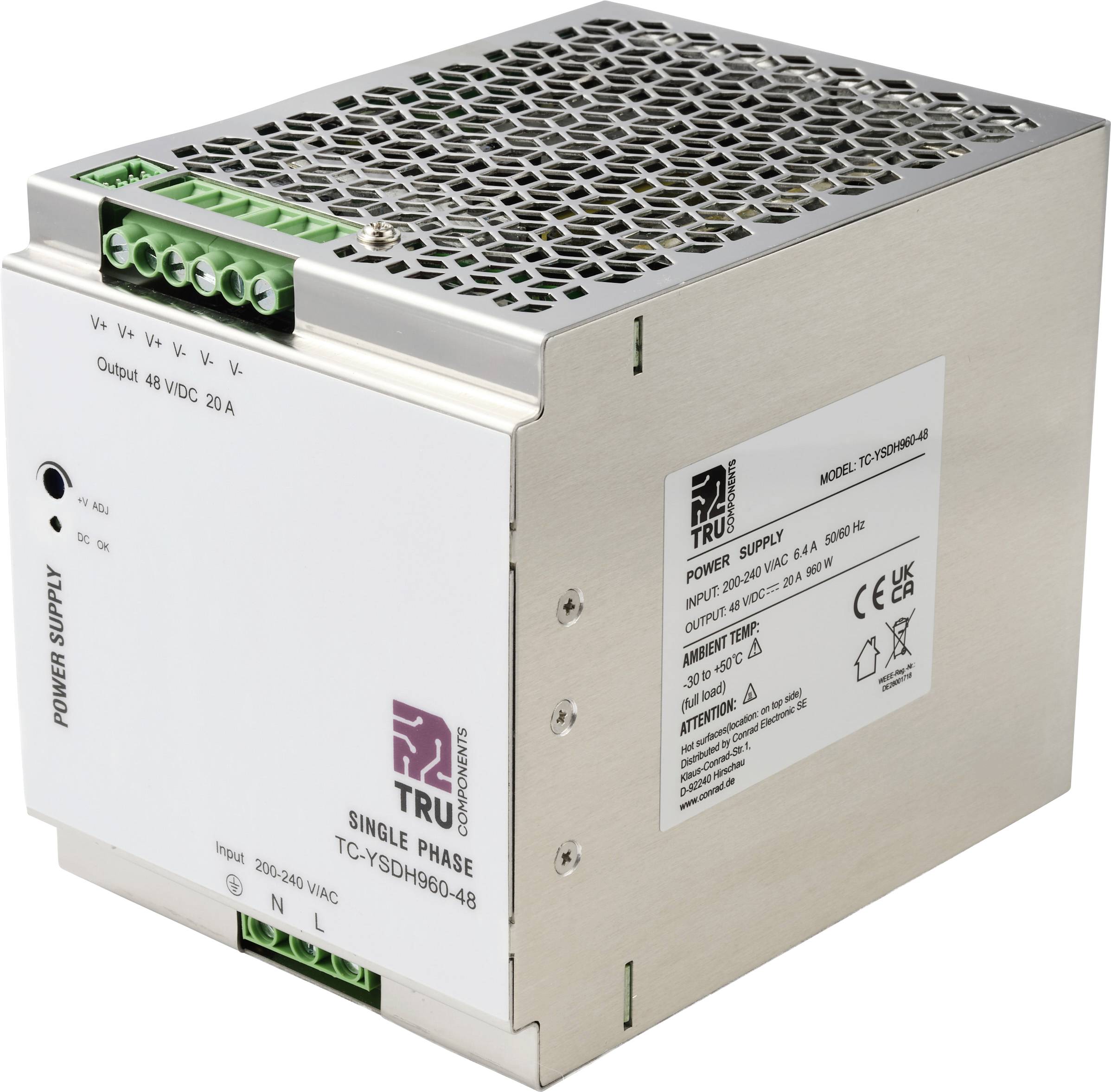 Eine rechteckige Metall-Stromversorgungseinheit mit Belüftungsgitter und mehreren Anschllussklemmen mit der Bezeichnung 