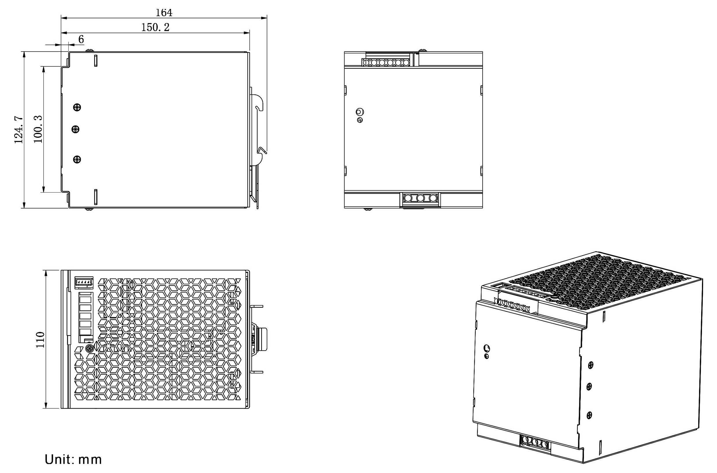 Technisches Diagramm eines rechteckigen elektronischen Geräts mit Vorder-, Seiten-, Ober- und Rückansicht mit Abmessungen in Millimetern.