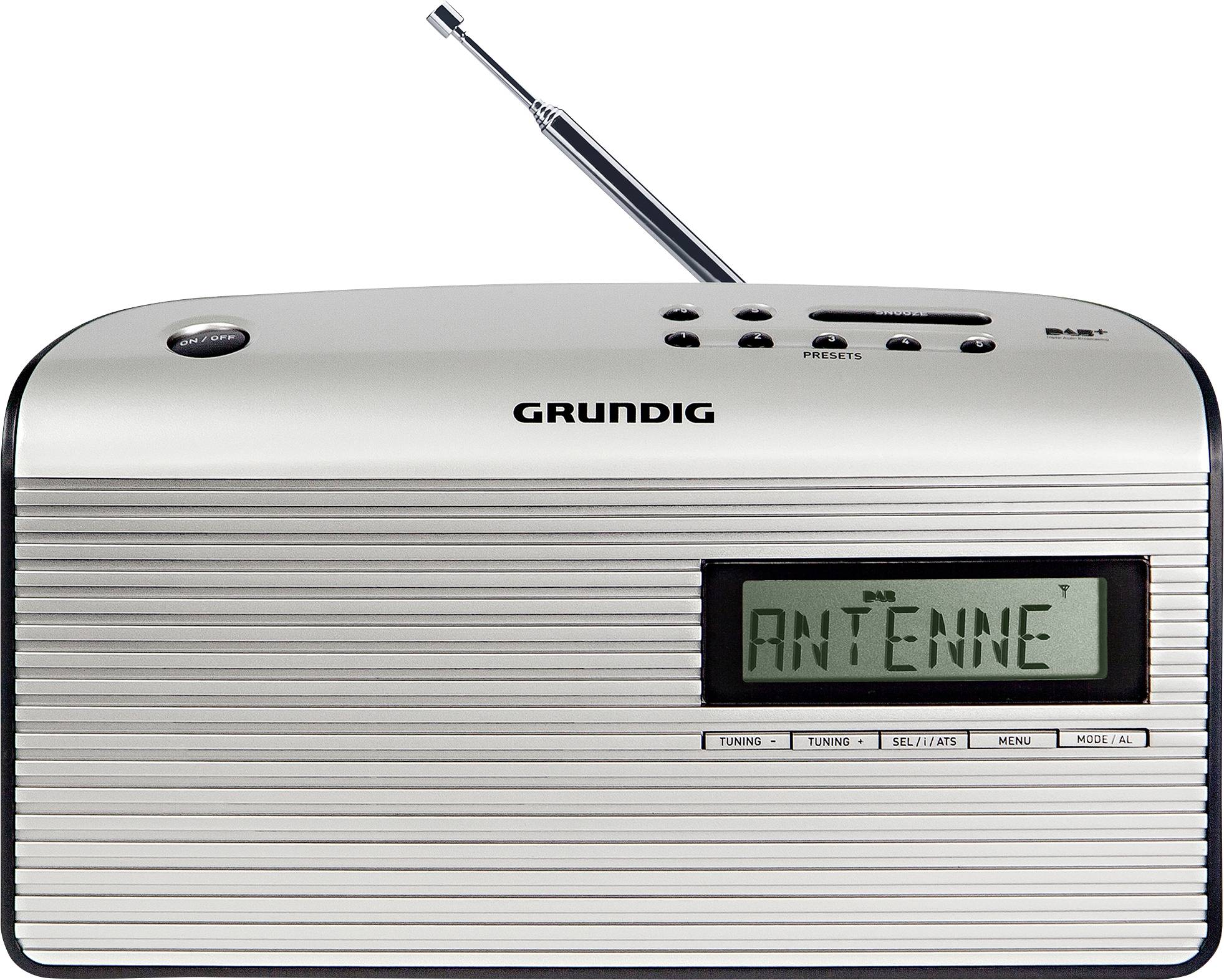 Ein tragbares Radio mit ausziehbarer Antenne; auf dem Display ist 'ANTENNE' zu sehen. Der Markenname Grundig ist auf der Oberfläche des Geräts sichtbar.