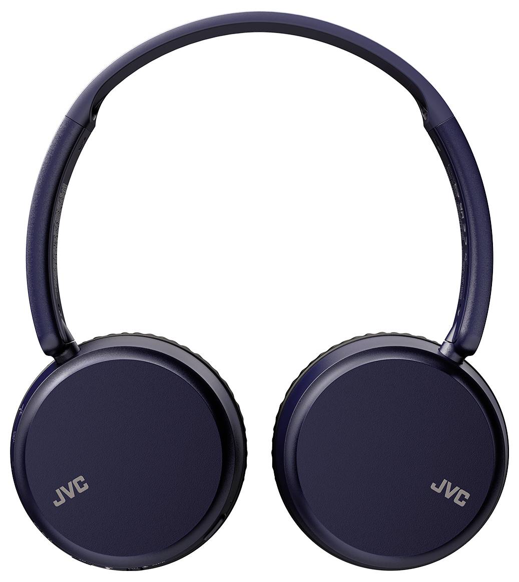 Marine blaue JVC Over-Ear-Kopfhörer mit gepolsterten Ohrmuscheln, von vorne betrachtet.