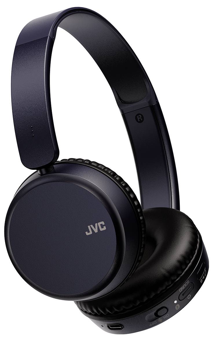 Kabellose JVC Kopfhörer in Schwarz mit gepolsterten Ohrmuscheln und einem verstellbaren Kopfbügel. Das JVC-Logo ist an der Seite sichtbar.