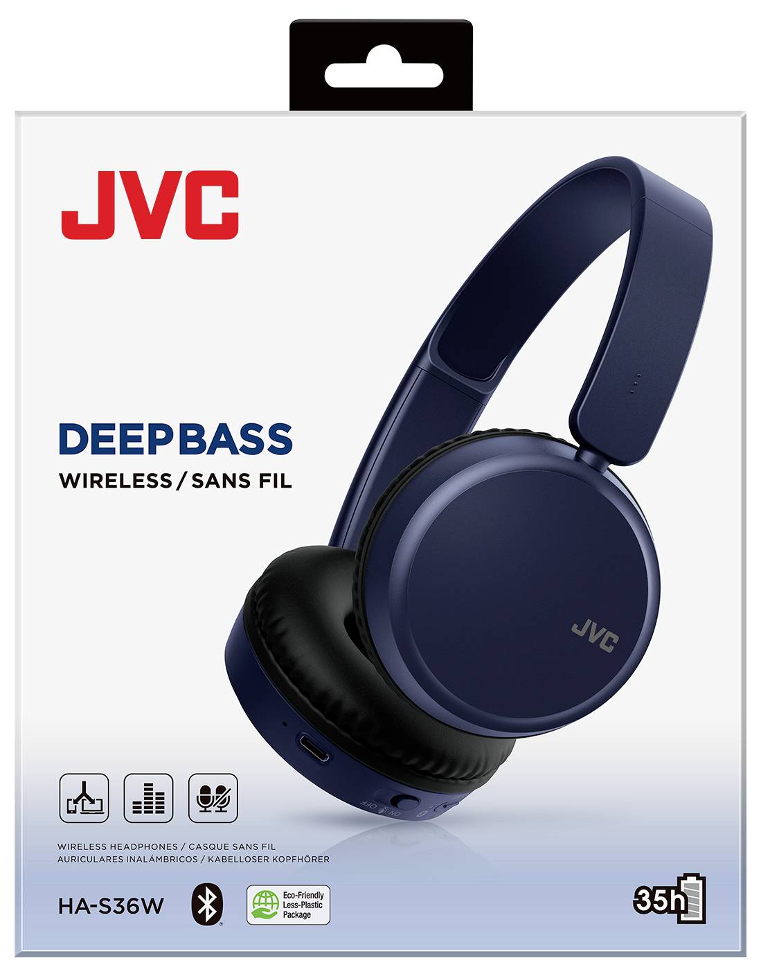 JVC Kopfhörer in Blau, Modell HA-S36W, mit ‚Deep Bass' und ‚Wireless/Sans Fil', bieten eine Akkulaufzeit von 35 Stunden.