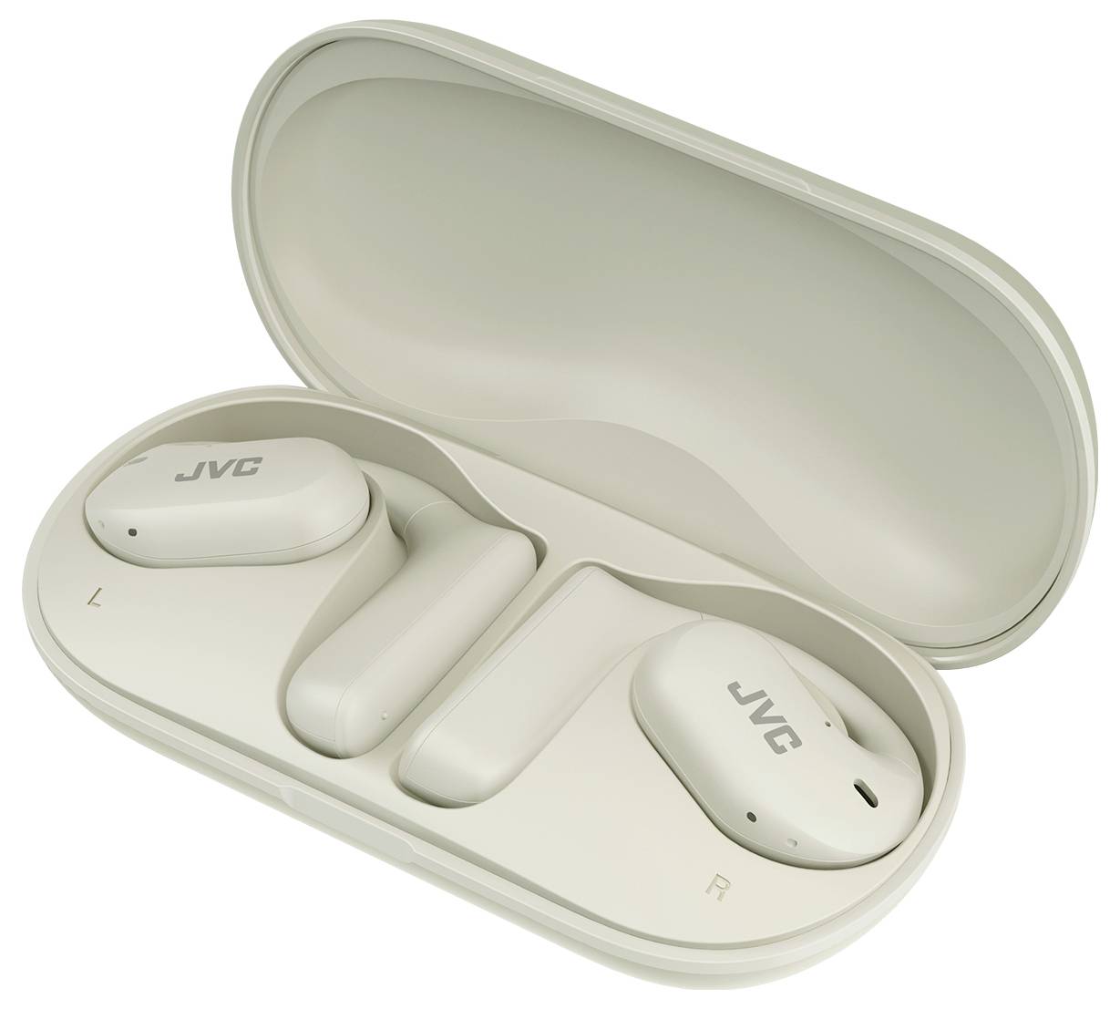 Weiße kabellose Ohrhörer in einem offenen Ladecase. Jeder Ohrhörer ist mit 'L' und 'R' beschriftet, mit sichtbarer 'JVC'-Markierung auf der Oberseite.