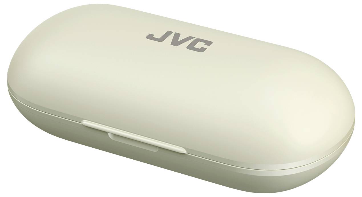 Ein beiger JVC-Ohrhörerkoffer, geschlossen mit einer abgerundeten Form, auf dem oben das JVC-Logo zu sehen ist.