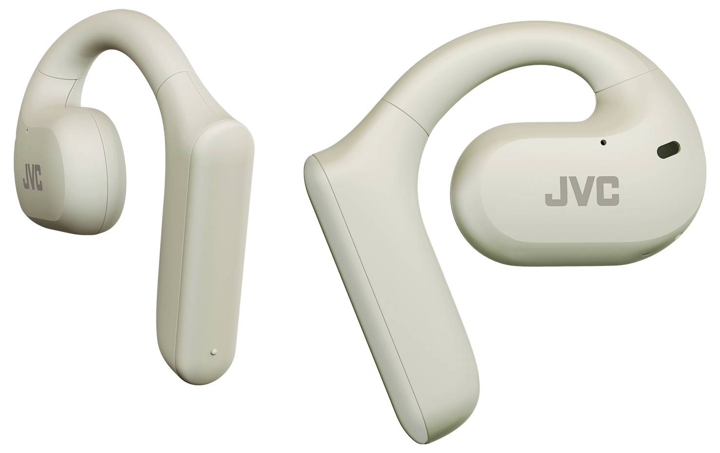Zwei JVC-Ohrhörer in Beige, die Seiten- und Draufsicht zeigen. Das Design ist modern und minimalistisch.