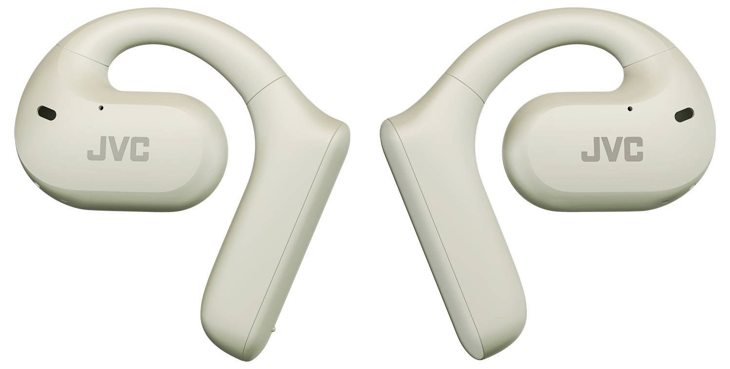 JVC-Weiße True-Wireless-Kopfhörer mit Ohrbügel-Design, symmetrisch zueinander ausgerichtet, mit Markenlogo auf jedem Hörer.