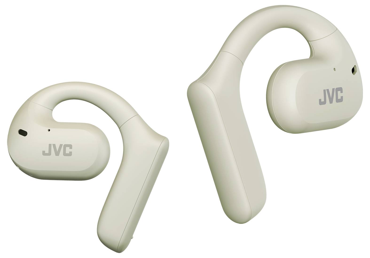 Cremefarbene JVC kabellose Ohrhörer mit einem Over-Ear-Bügel-Design, die eine kompakte und elegante Erscheinung aufweisen.