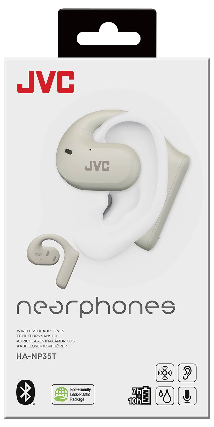 JVC 'Nearphones' Verpackung zeigt drahtlose Kopfhörer, die für sicheres, offenes Ohrhören konzipiert sind, Bluetooth-kompatibel, mit 7-stündiger Akkulaufzeit.