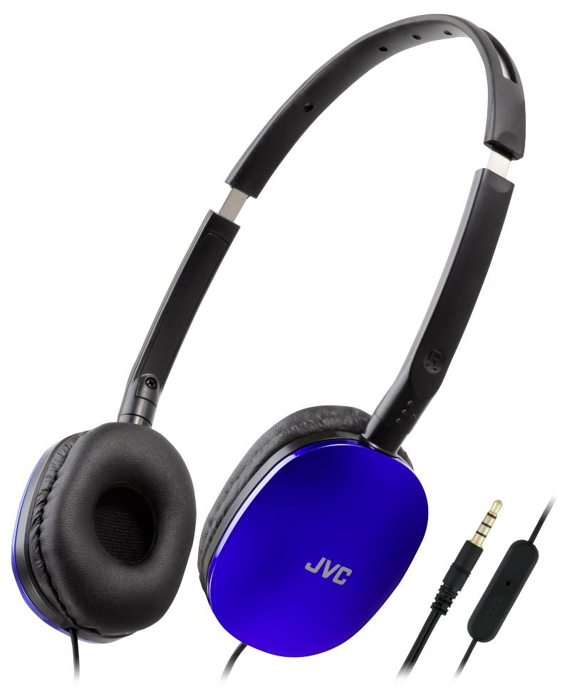 Blaue JVC Over-Ear-Kopfhörer mit schwarzer Polsterung und einem Kabel mit 3,5-mm-Audioanschluss.