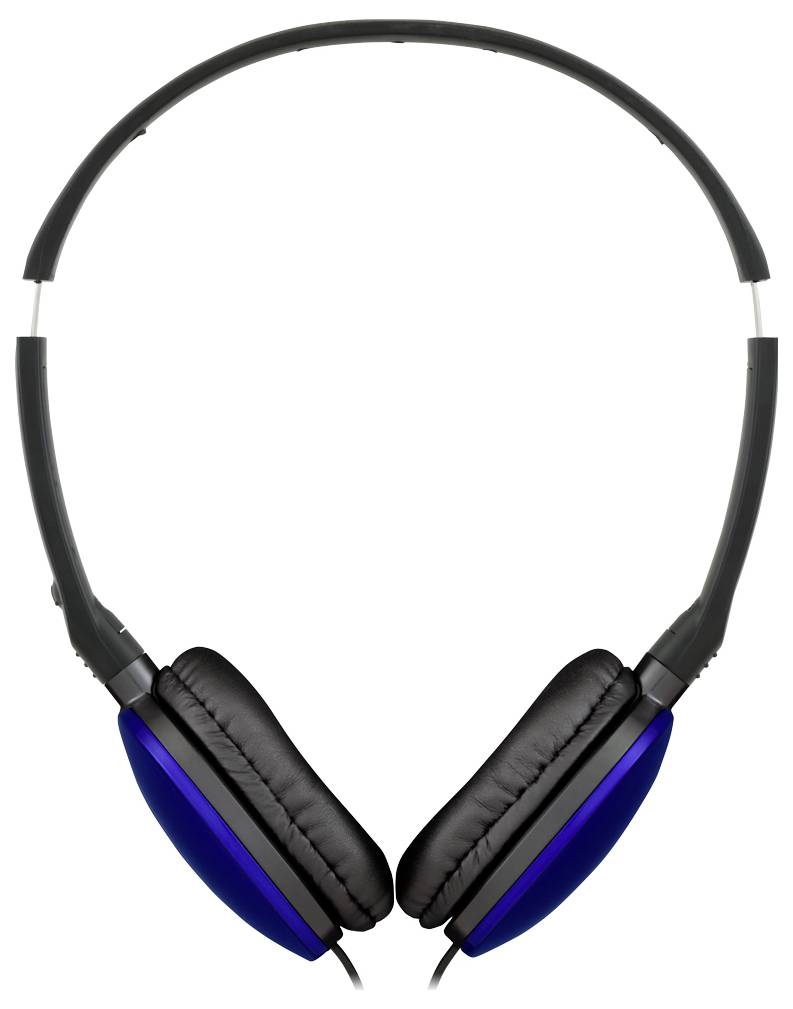 Blaue und schwarze Over-Ear-Kopfhörer mit verstellbarem Kopfbügel, die vor einem weißen Hintergrund abgebildet sind.