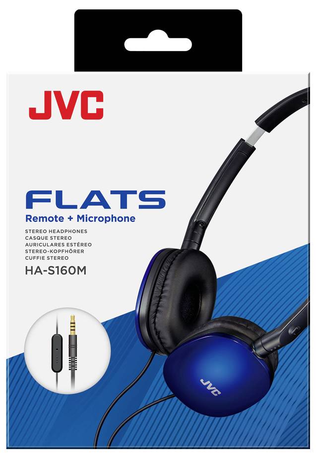 JVC Flats Kopfhörer Verpackung, die ein blaues Paar mit Fernbedienung und Mikrofon zeigt, Modell HA-S160M. Text ist mehrsprachig.