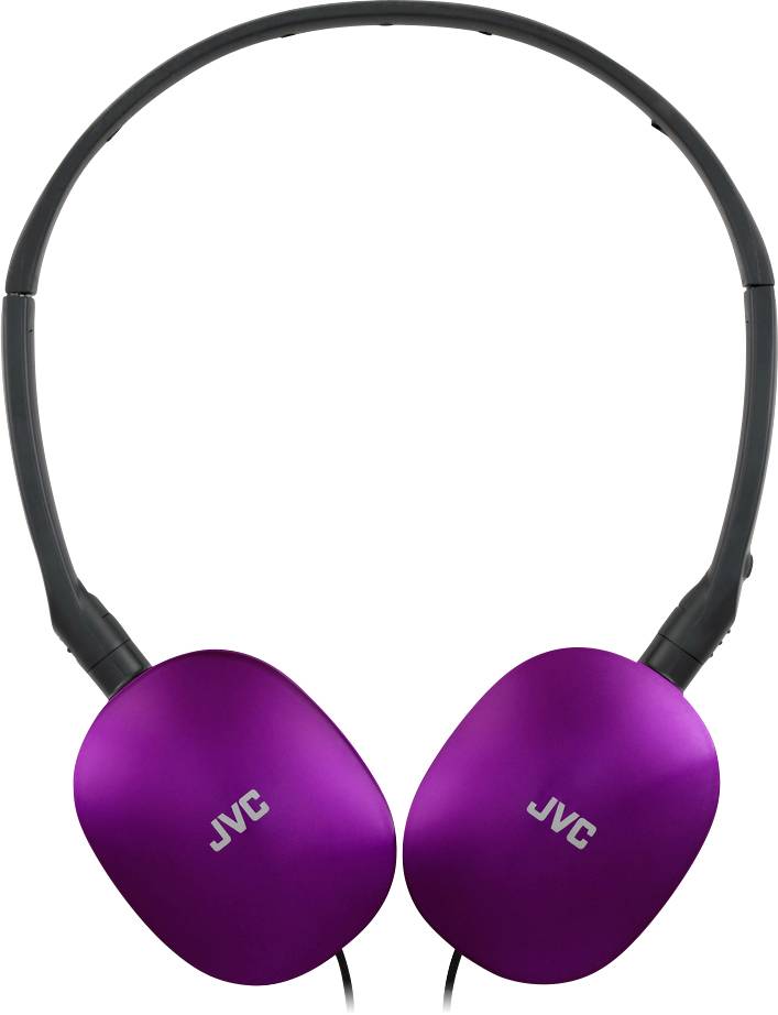 Violette JVC Over-Ear-Kopfhörer mit schwarzem Kopfbügel, auf dem sich an jeder Ohrmuschel das JVC-Logo befindet.
