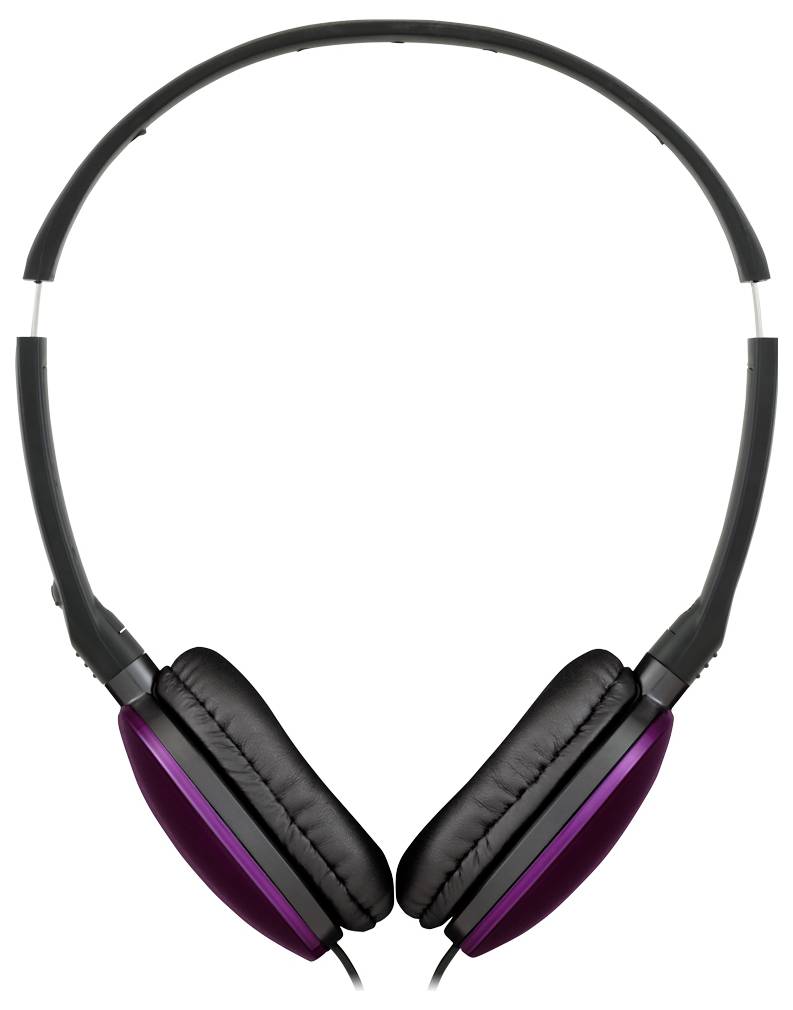 Draufsicht auf schwarzen und lila kabellosen Kopfhörern mit gepolsterten Ohrmuscheln, entwickelt für Audioaufnahmen.