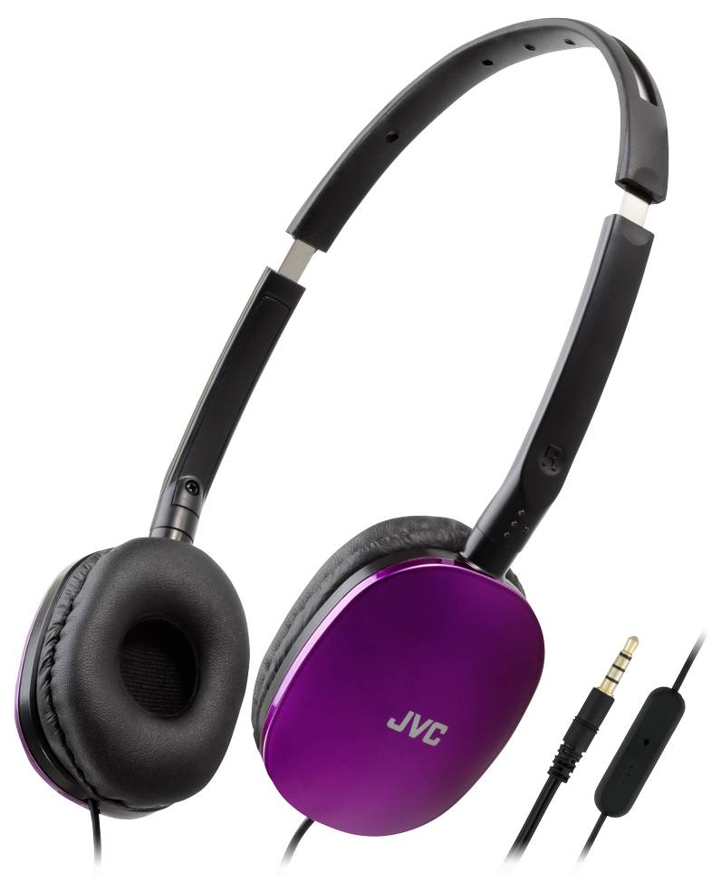 Lila JVC Over-Ear-Kopfhörer mit schwarzem Bügel, die Ohrpolster und ein abnehmbares Audiokabel mit vergoldetem 3,5-mm-Stecker zeigen.