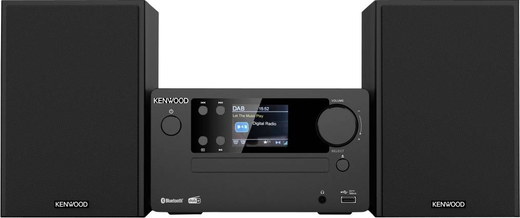 Kenwood-Audiosystem mit zwei schwarzen Lautsprechern und einer zentralen Einheit mit digitaler Anzeige, die DAB- und Bluetooth-Konnektivität zeigt.