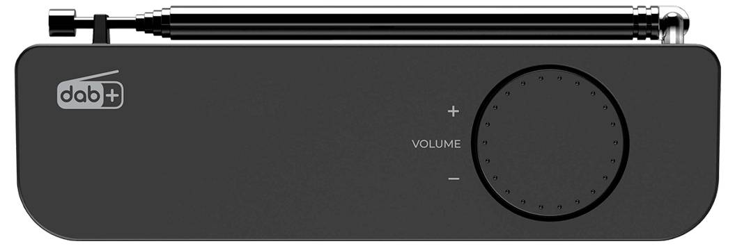Ein rechteckiges DAB+ Radio mit ausziehbarer Teleskopantenne, einer Lautstärkeregelung und einem minimalistischen Design in Schwarz.