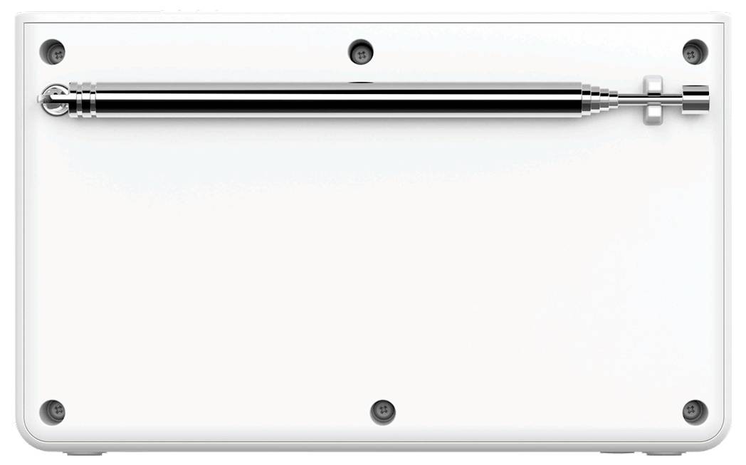 Ein weißes rechteckiges Gerät mit einer montierten Chromstange an der Oberseite, das mehrere Befestigungslöcher aufweist und wahrscheinlich für die Wandmontage oder einen bestimmten funktionalen Zweck konzipiert ist.