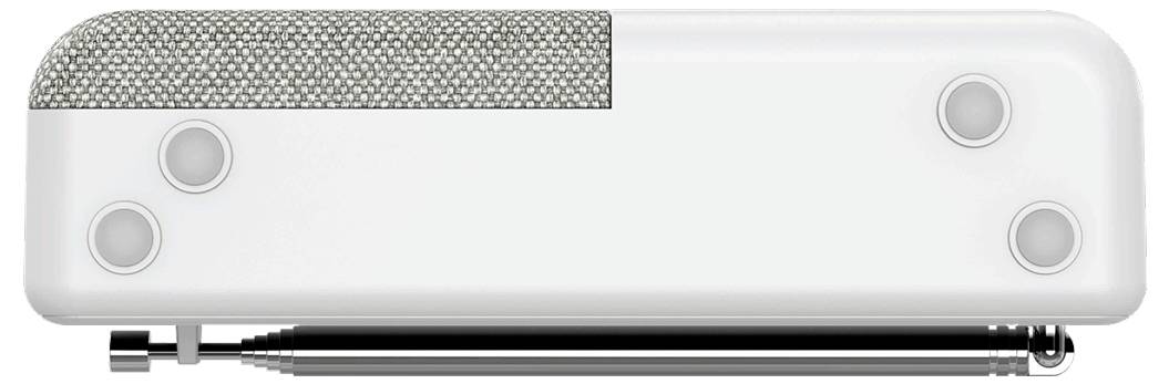 Ein weißes Gerät mit strukturierter Griffoberfläche und metallenem Stiftaufsatz, ausgestattet mit vier kreisförmigen Tasten.