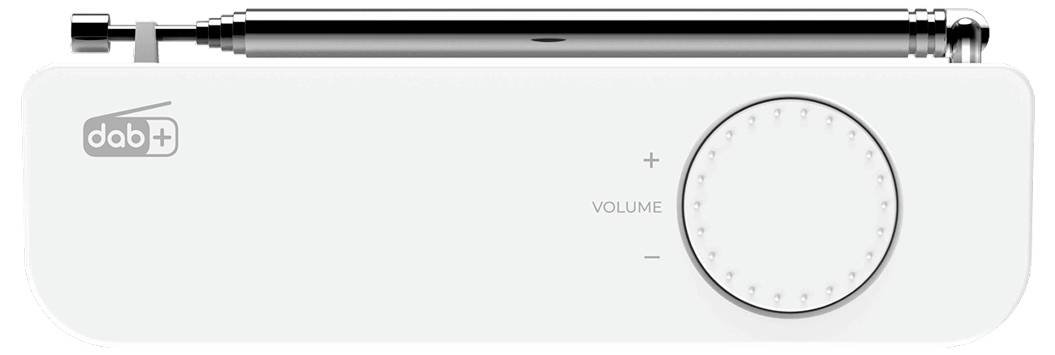 Ein weißes DAB+ Radio mit einer ausgefahrenen Antenne und einem großen Lautstärkeregler auf der rechten Seite.