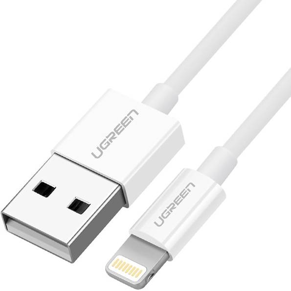 Ein weißes USB-zu-Lightning-Kabel mit 'UGREEN' Branding, verwendet zum Laden und Datentransfer zwischen kompatiblen Geräten.